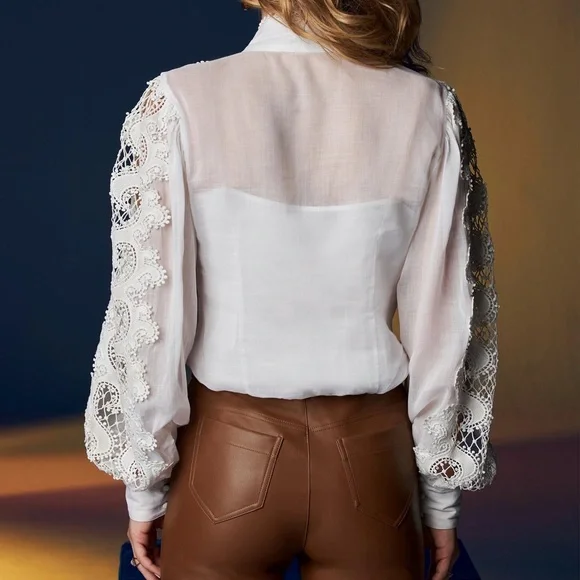 Boston  Proper Lace Inset  Sleeve Shirt XS Size White WOW TOP - Picture 3 of 7